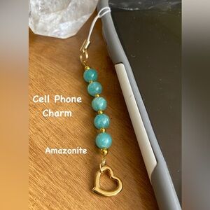 Amazonite Gemstone Cell Phone Charm with Gold Heart